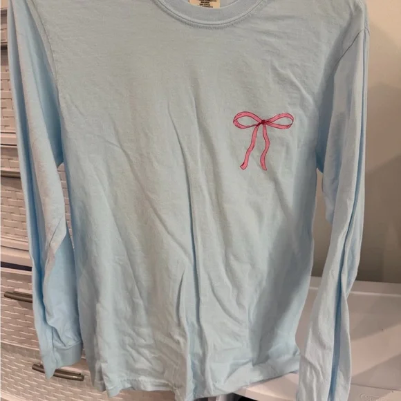 Comfort Colors Sky Blue Tee with Pink Bow and Pig - Picture 4 of 4